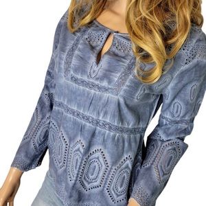 Lucky Brand chambray eyelet peasant top